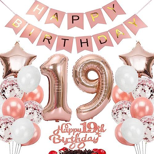 Feelairy Geburtstagsdeko 19 Jahre Mädchen, Rosegold Luftballon 19. Geburtstag Deko Mädchen, Tortendeko Happy 19th Birthday Deko 19 Jahre Mädchen, Ballon 19. Geburtstag Kinder Party Dekoration Set