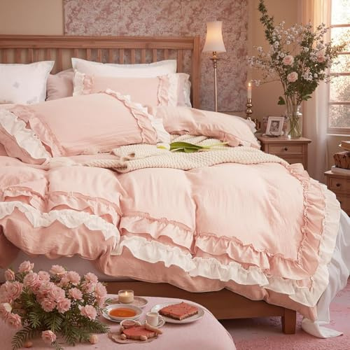Sedefen Rüschen Bettwäsche 200x220cm Romantisch Rosa Weiß Doppellagige Rüschen Bettwäsche-Sets Mädchen Weich Mikrofaser Öko-Tex Bettbezug mit Reißverschluss und 2 Kissenbezug 80x80cm