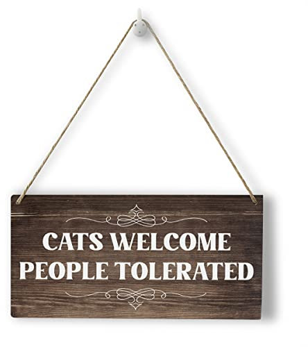 Funny Cat Welcome Sign Wood Wall Art Wall Hanging Decor Rustic Wooden Decorative Plaque Sign for Pet Shop Home Farmhouse Bathroom Front Door Cat Lover Gifts Cats Welcome People Tolerated Sign