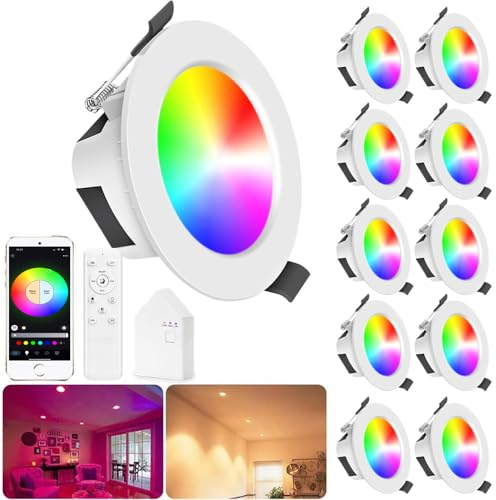 SUBOSI 10er WIFI Bluetooth 9W Intelligent LED Einbaustrahler Downlight RGBIC+Warmweiß/Kaltweiß/Weiß 5 in 1 Einbauleuchte Spot Dimmbar 230V Einbauleuchten mit Fernbedienung,Smart Bridge