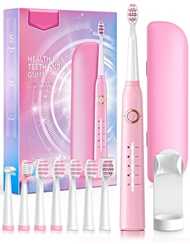 Electric Toothbrush with Travel Case, Sonic Toothbrush for Adults with 8 Brush Heads for 2-Year Use, 40000 VPM Deep Clean Rechargeable Last 30 Days with 5 Modes Pink