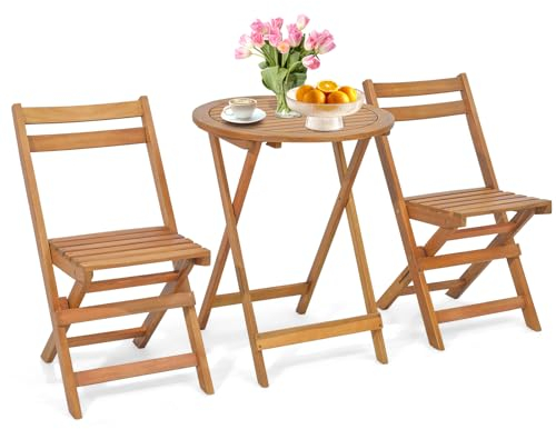 COSTWAY Conjunto Mesa y Sillas Jardin, 2 Sillas Plegables de Madera de Acacia y 1 Mesa Redonda, Mesa y Sillas Terraza Patio Balcon Jardin Exterior Interior