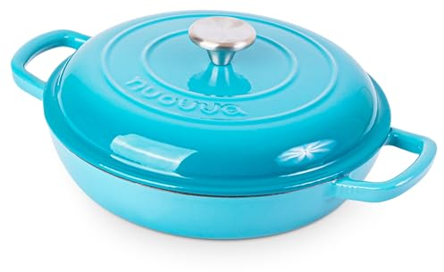 Shallow Cast Iron Casserole with Lid – Non Stick Dutch Oven Pot, Oven Safe up to 500° F – Sturdy Ovenproof Stockpot Cookware – Enamelled Cooking Pot – Blue, 2.3-Quart, 26cm – by Nuovva