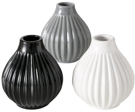 3 x Vase Trio Steingut Höhe 12 cm, Grau, Schwarz, Weiß