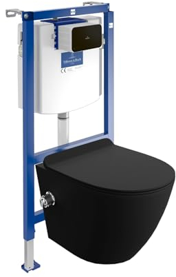 Villeroy & Boch ViConnect H112 Vorwandelement Unterputz WC mit Bedienplatte + Wand Hänge Tiefspül WC Salto Schwarz Spülrandlos + WC Sitz Komplettset Unterputz Spülkasten Toilette Komplett Sett WC