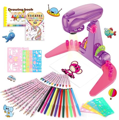 Jouet Fille Projecteur Dessin Enfant avec 72 Motifs Cadeau Fille Jouet Projecteur pour Enfants 3 4 5 6 ans Avec Crayon, Livre de Dessin, Livre de Coloriage Licorne, Règle