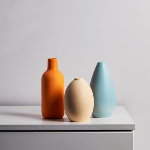 Set di 3 vasi in Ceramica,vasi in Ceramica per la Decorazione Domestica,Vaso Decorativo per Erba di Pampa e Fiori secchi,Decorazione per l'ingresso (Giallo Chiaro, Giallo Scuro, Blu)