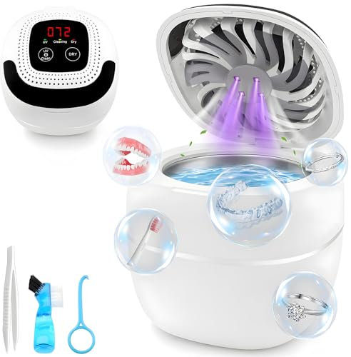 Joollurm Ultrasonic Retainer Cleaner with Drying Mode, 45kHz 180ML Portable UV Denture Cleaner with Digital Timer for Dentures, Rings, Aligner, Braces, Mouth Guard and Jewelry