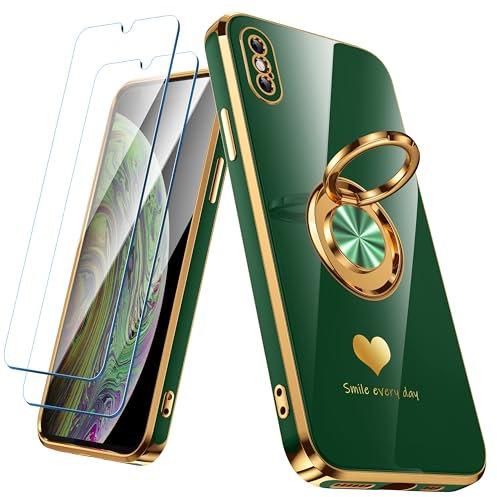 Nonional Compatible for iPhone X/XS Case with 2 Pack Screen Protector, 360° Rotatable Ring Holder [Luxury Hearts Pattern] Plating Gold Edge Slim Soft Phone Case for iPhone X/XS - Green