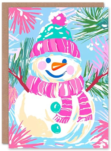 Wee Blue Coo Greeting Card Happy Snowman Bright Pink Green Blue Modern Blank For Him Or Her Art Xmas Christmas Card
