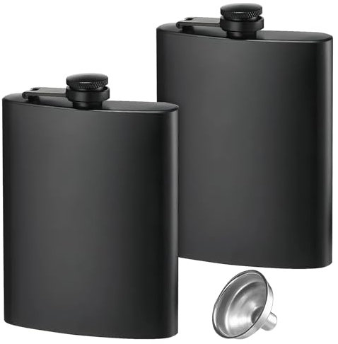 2 Pack Hip Flasks for Liquor, 8 Oz & 12 Oz Food-Grade Stainless Steel Leakproof Thin Flasks with Funnel Stainless Steel Hip Flask Portable Outdoor Flat Metal Hip Flask for Men Women (Matte Black)