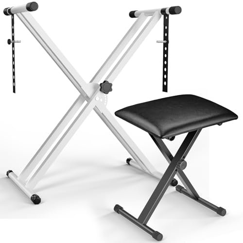 MAMIZO Support de clavier avec tabouret, réglable en hauteur, support de clavier et tabouret de clavier, double X-Frame, tabouret de piano, pliable, banc de clavier pour piano électrique, blanc
