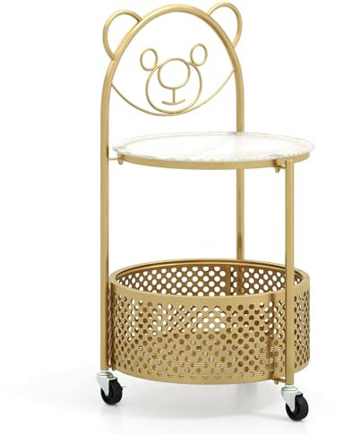 GIANTEX Kleiner Beistelltisch Kinderzimmer, Kleiner Couchtisch mit Rollen, 2-stufiger Glastisch mit Aufbewahrungskorb, Rollwagen Rund mit Bärenmuster, Nachttisch Kaffeetisch, Gold, 40 x 36,5 x 71 cm