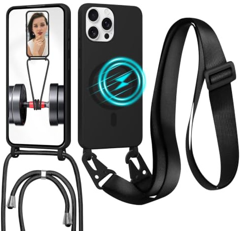 GoodcAcy Crossbody Lanyard Case for iPhone 14 Pro, [Compatible with MagSafe] Magnetic Case with Strap Adjustable and Removable Neck, Anti-Fingerprint Cover, Black
