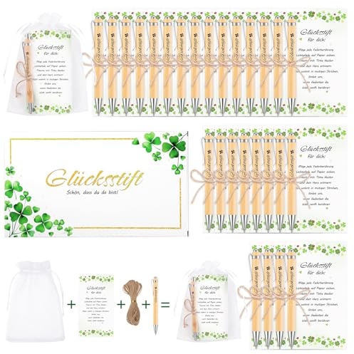 30 Glücksstift Kugelschreiber Set mit Karten, Organza-Beuteln & Jute | Abschieds- und Dankeschön-Geschenk, gravierte Stifte, 30 Karten, 30 Beutel, Geschenkbox, für Kollegen Lehrer Team