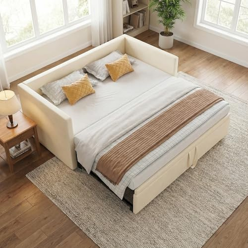 Polsterbett Schlafsofa Mit Gästebett 90/180x200 Cm,Ausziehbar, Für 2 Personen, Tagesbett, Ausziehbett Gleiche Höhe, Schlafsofa Mit Lattenrosten Und Rückenlehne, Mehrzweckbett, Samt(Beige A)