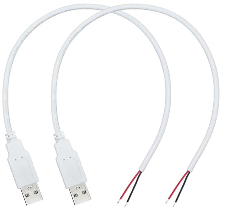 Xilaghy USB 2 Wire Pigtail Cable 0.3M/1Ft,5V 3A USB 2.0 A Male Plug to 2 Pin Bare Wire Open End Power Repair Cable for LED Strips,Desk Lamp,White(2Pcs)