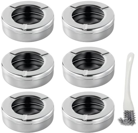6 Pezzi Posacenere in Acciaio Inox, Posacenere da Esterno con Coperchio Rimovibile, Tavolo Rotondo, per Giardino, Balcone, Bar e Ristorante, con 1 Spazzola di Pulizia in Nylon