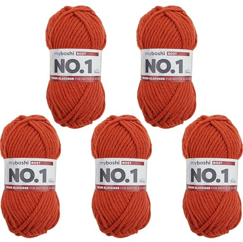 myboshi No.1 Wolle zum Häkeln und Stricken, Schnellstrickgarn, langlebige Mützenwolle, Strickwolle, Häkelwolle, mulesing-frei, 50g, Ll 55m Orange (Rost) 5 Knäuel