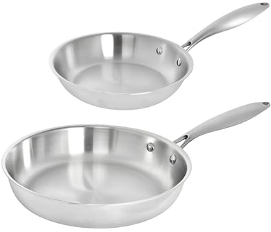 TeCuisine – Lot de 2 Poêles Inox 18/10 Triply – 20 cm – 26 cm – Sans Revêtement – Sans PFAS, PFOA, PTFE – Compatible Tous Feux Dont Induction – Manche Riveté Froid – Cuisson Saine et Durable