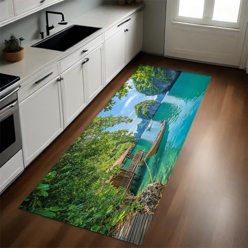 Stehmatte Küche Inseln und Holzbrücken rutschfest Wasserfest Ölbeständig Küchenteppich 60 x 180 cm Grün Anti-Ermüdung Küchenläufer