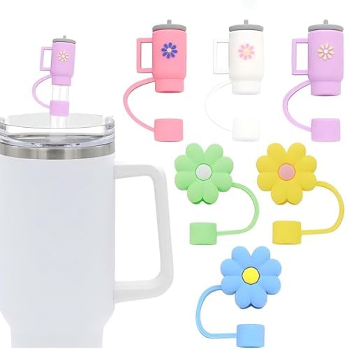 SINJAETRQ 6 Pcs Straw Covers Compatible with Stanley Cup 30 and 40 oz, Straw Topper,Reusable Silicone Straw Toppers for 10mm Straws, Assorted Flower and Cup Designs (Six Colors)