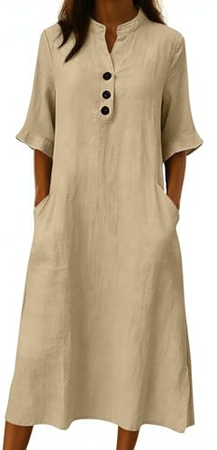 HAOLEI Linen Dress with Pockets for Women, Ladies Summer Kaftan Cotton Linen V Neck Button Sleeveless Maxi Dress with Pockets UK Casual Plain Long Dresses for Beach Holidays Vacation Outfits
