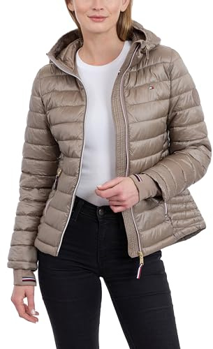 Tommy Hilfiger Leichte verstaubare Pufferjacke für Damen mit Kapuze und Tasche