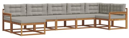 vidaXL Outdoor-Sofagarnitur mit Kissen 7 pcs Natürlich und Hellgrau, Modernes Akazienholz Outdoor-Sofaset, langlebige Gartenmöbel, Flexible Anordnung für die Terrasse, Bequeme Lounge im Hinterhof