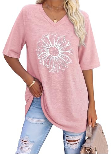 Litherday Chemisier Femme Oversize Col en V Chemisier Long Casual Top Décontracté Grande Taille Grande Taille, Rose Clair, M