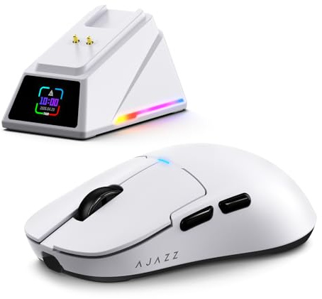 FREEWOLF x A.Jazz Souris Gaming sans Fil AJ159P MC Pro, Station de Recharge Magnétique avec Écran TFT, Souris Ultra-Légère 57 g, Capteur PAW3311, 24 000 DPI, BT/2,4 GHz/USB-C, 20 M de Clics (Blanc)