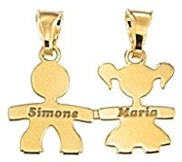 2 ciondoli a forma di 2 bambini da dividere, bimbo e bimba, in argento 925. Incisione gratuita. Originale MOUN.
