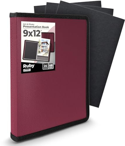 Dunwell Art Portfolio 9x12 Folder - (Ruby) with Black Mounting Paper, Portfolio Folder for Artwork, 9 x 12 Art Folder, 24 Pockets Display 48 Pages, Portfolio Binder, Portfolio Book, Art Binder