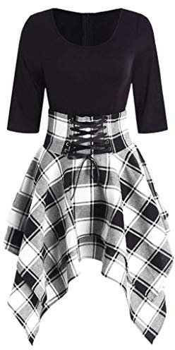 Stormdoing Fashion Women Casual Dress O-Neck Top Lace Up Tartan Plaid Print Asymmetrisches Minikleid Gr. Small, grau