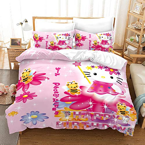 NICHIYOBI Hello Kitty Bettbezug Bettwäsche Set - Bettbezug und Kissenbezug,Mikrofaser,3D Digital Print dreiteiliger Bettwäsche (2,Single 135 * 200cm+80 * 80cm)