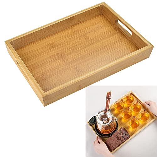 DECARETA Wooden Serving Tray Platter Board, 30x20x4cm Rectangle Bamboo Tray With 2 Handles, Kitchen Nesting Trays for Breakfast, Dinner, Tea, Dessert, Brown
