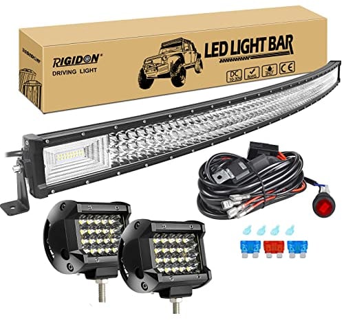 RIGIDON 52 Zoll 130 cm 675W gebogene led lichtleiste mit 12v kabelbaum kit, 2x 4 zoll spot led arbeitsscheinwerfer, Wasserdicht warmweiß offroad beleuchtung für Auto Offroad LKW KFZ Traktor 4x4, 6000K