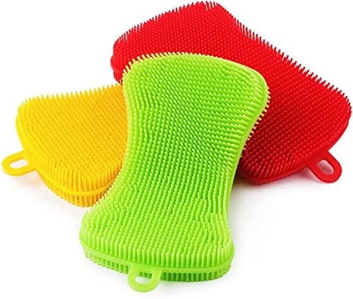 Dish Washing Brushes, 3 Pcs Kitchen Silicone Sponges Scrubber Multi-functional Cleaning Scouring Brushes for Washing Vegetable Fruits Bowl Dish Pot Pan