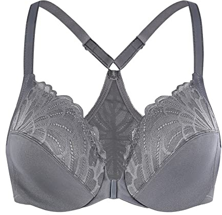 MELENECA Women's Front Fastening Racerback Plus Size Stretch Lace Underwire Unlined Bras Anthracite 40D