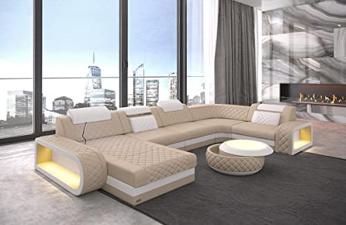 Wohnlandschaft Berlin U Form Leder mit Kopfstützen Sofa mit LED Beleuchtung Moderne Couch (Ottomane Links, Beige-Weiß)