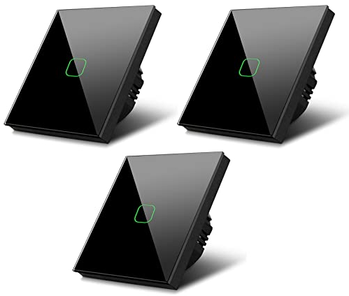 Maclean MCE713B Touch Wechselschalter 3-er Pack Lichtschalter Kreuzschalter Wandschalter Treppenschalter mit Farbwechsel LED Hintergrundbeleuchtung Einbauschalter (1-Fach Eckig, Schwarz)