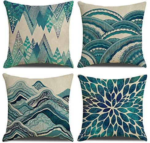 OCEUMACO Leinen Kissenbezug 50x50 Modern Petrol Marmor Kissenhülle 4er Set Dekokissen Sofakissen Bezug für Couch Sofa Landhausstil Muster Kissen Kissenbezüge Deko Zierkissen Couchkissen Outdoor
