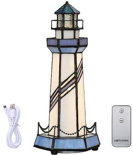Bieye L30776 Leuchtturm, Tiffany-Stil, Buntglas-Akzent-Tischlampe, Nachtlicht für Heimdekoration (5 x 5 x 11, blau)