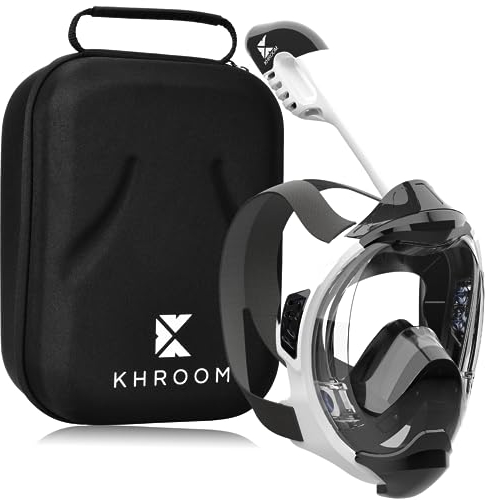 Khroom Schnorchelmaske Erwachsene & Kinder ab 3 Jahre | CO2 sicher | Vollgesichtsmaske mit Easy-Breath System | Schnorchelset Alternative | Seaview Y Tauchmaske Erwachsene / Kinder (S/M Weiß+Case)