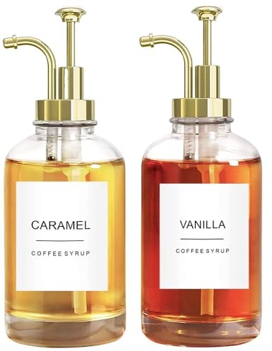 Ezebesta Set of 2 Syrup Dispensers 500ml Glass Bottles with Elegant Pumps and Various Syrup Labels Kitchen Coffee Station Organization - PUMP PATENT REGISTERED