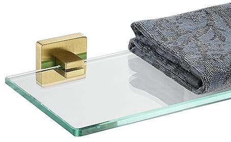 JQK Étagère en verre de salle de bain, stockage flottant de douche en verre trempé 61 x 12,7 cm, support mural en acier inoxydable 304 brossé doré, TGS201L24-BG
