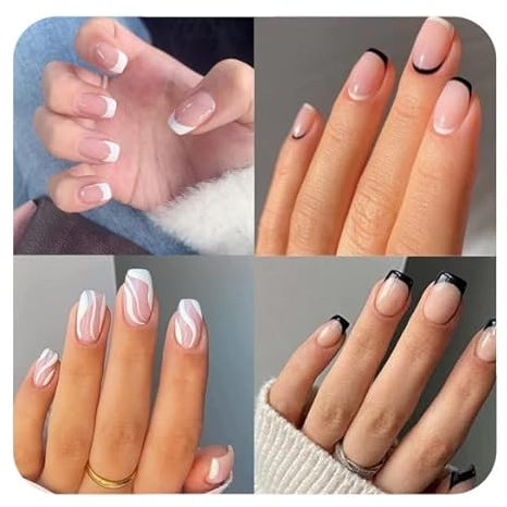JUSTOTRY 4 Packs (96 Pcs) White and Black Square False Nails Short Pattern,Cheap and Durable French Press on Nails,Swirl Fake Nails Medium with Nail Glue,Squoval Stick on Nails for Women Nails Art