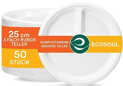 ECO SOUL Pearl White 25cm Runde Bagasse Pappteller mit 3 Fächern (50 Stück), Einweggeschirr und 100% Kompostierbares, Umweltfreundlich Partygeschirr, Robust Campinggeschirr, Mikrowellen- und Ofenfest
