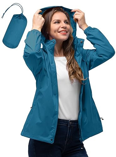 33,000ft Veste de pluie légère à capuche respirante et pliable pour femme - Coupe-vent actif avec capuche dissimulée pour le cyclisme et la randonnée, Bleu Maroc, 40