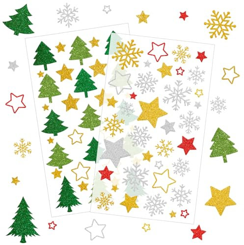 JOYEASE Sticker Weihnachten, 288 Bunt Weihnachtssticker Selbstklebend, Glitzer Stern Schneeflocken Weihnachtsbaum Aufkleber Weihnachtsdeko für Karten Geschenke Basteln, Größe 14x24cm